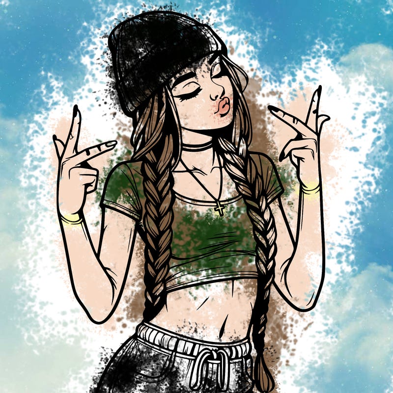 realistic teenage girl with braids and a beanie and crop top doing 🫶🏼