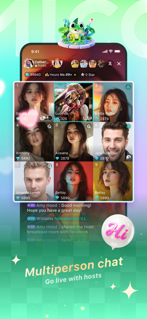 Screenshot of MICO app interface showing a multiperson live video chat with nine diverse hosts and real-time social interaction.