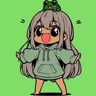 a excited chibi girl whith long hair and a baggy shirt whith a frog on there head