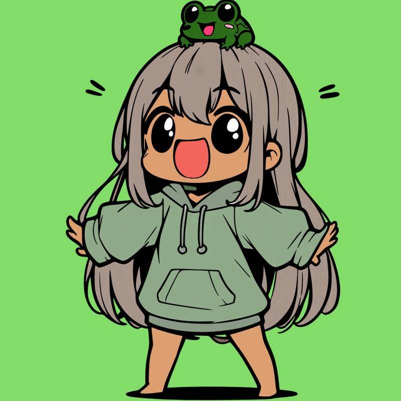 a excited chibi girl whith long hair and a baggy shirt whith a frog on there head