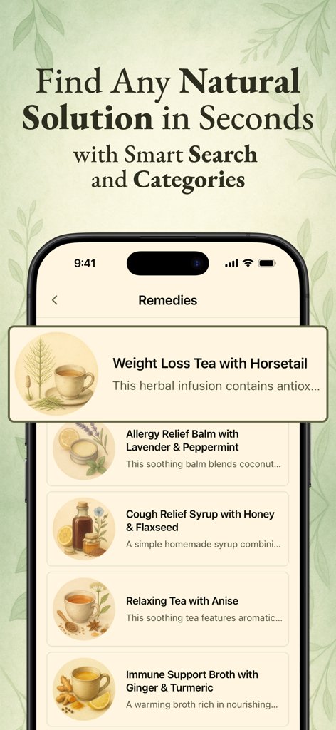 Verda: Home Apothecary - Pantalla de la app mostrando una lista de remedios naturales como tés y bálsamos para el bienestar