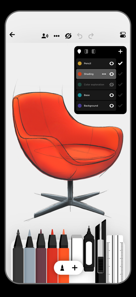 Flow: Note Taking, Drawing Pad - A digital sketch of an orange chair within the Flow app interface featuring drawing tools and layer management.