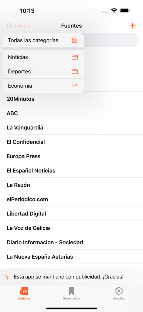 Interface de l'application Spain News affichant une liste de journaux espagnols et des filtres de catégories d'actualités