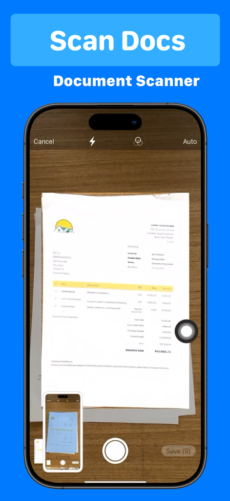 Smart Printer App - Fast Print - iPhone scanning a paper invoice using the Smart Printer App document scanner feature.