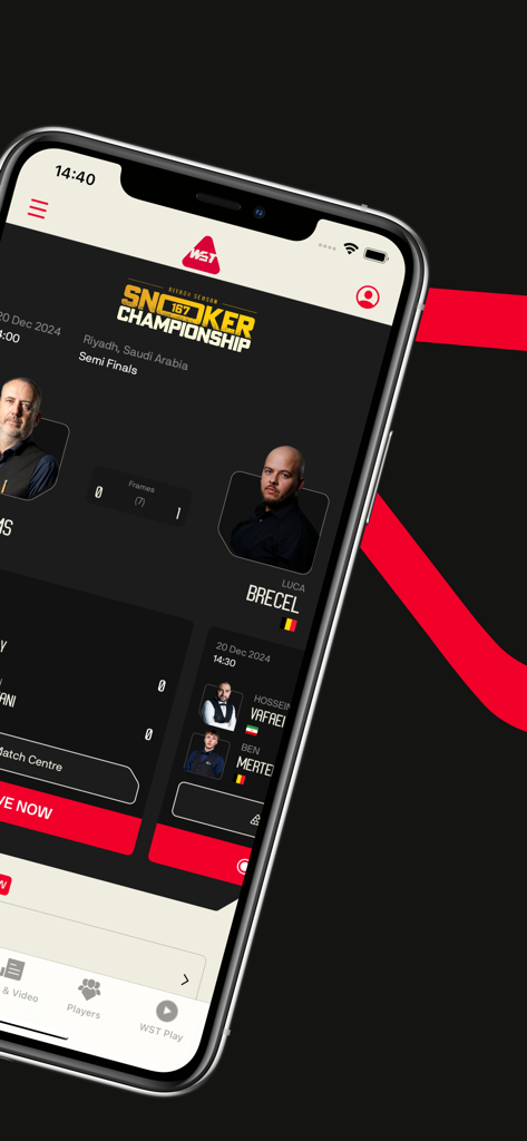 World Snooker Tour app screen displaying match center details and live scores