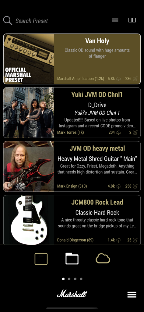 Marshall Gateway - A list of guitar amplifier presets in the Marshall Gateway mobile app