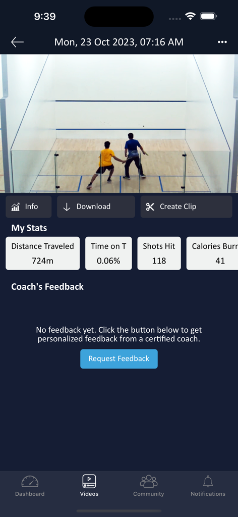 Live Sports AI - Live Sports AI dashboard displaying video analysis and match statistics for a squash game