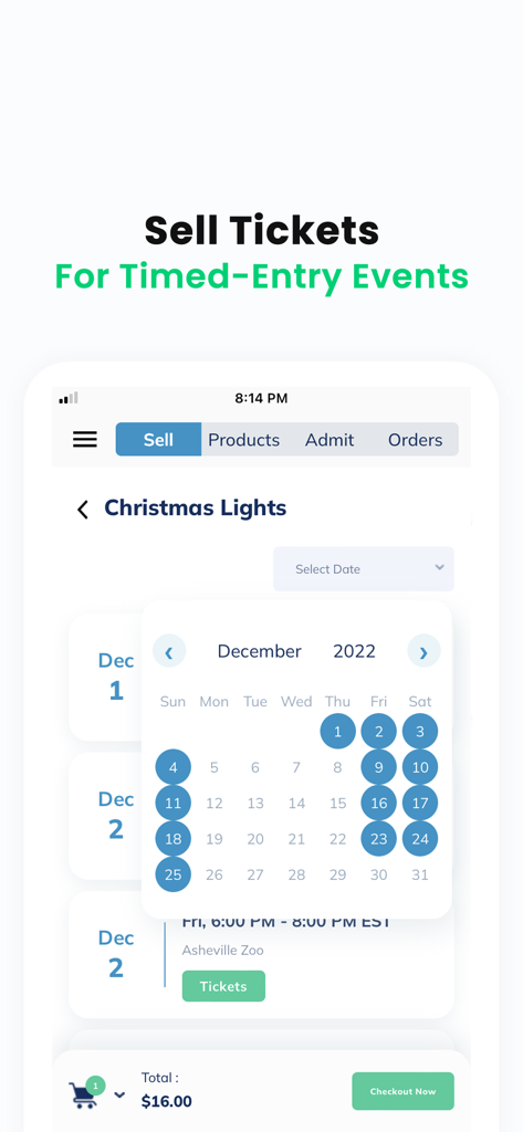 SimpleTix Organizer - SimpleTix Organizer App-Bildschirm für den Verkauf von Tickets für ein zeitgesteuertes Etablissement-Event mit Kalenderdatumsauswahl