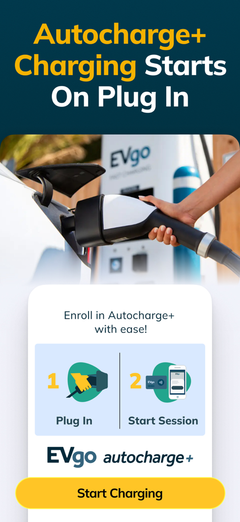 EVgo - Find a Fast EV Charger - EVgo app screen showing the Autocharge plus feature where charging starts automatically upon plugging in the vehicle