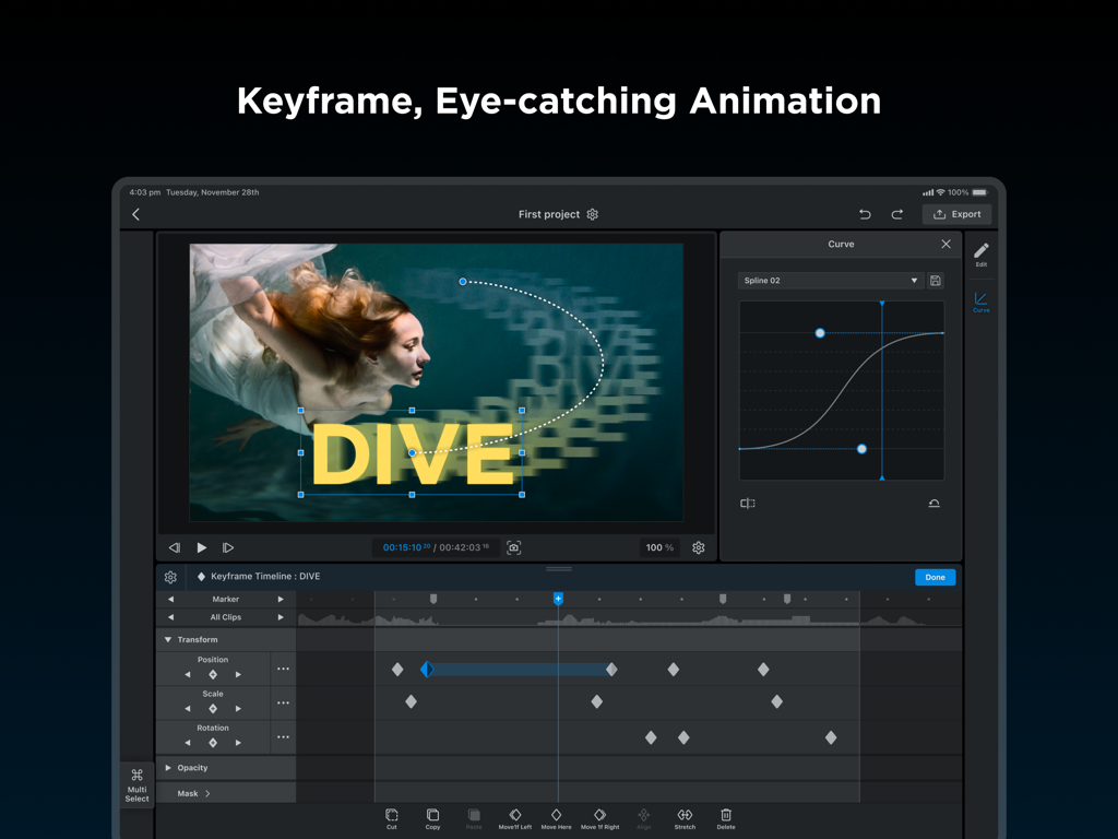 Editor de vídeo WEILO para iPad mostrando a linha do tempo de animação de keyframe e ajuste de curva de movimento.