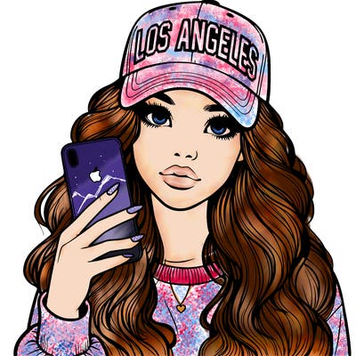 realistic beautiful girl wearing los ángeles cap holding an iphone