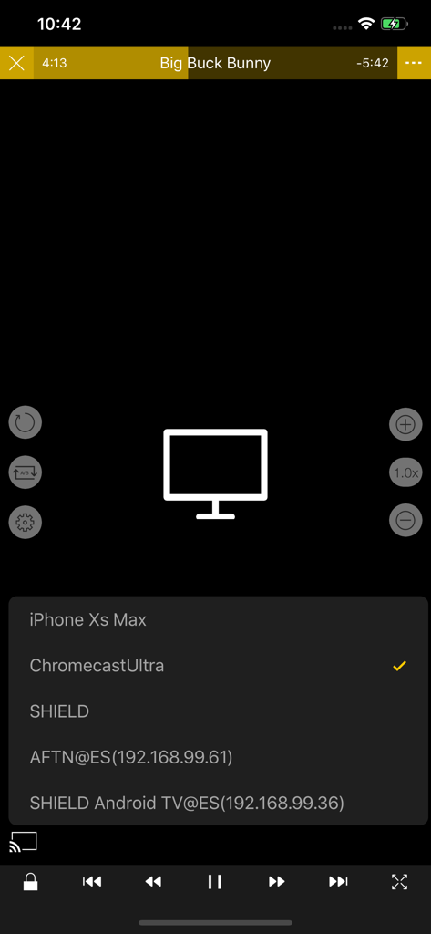 nPlayer Plus - nPlayer Plusアプリでビデオキャスト用のChromecast Ultraデバイスを選択しています。