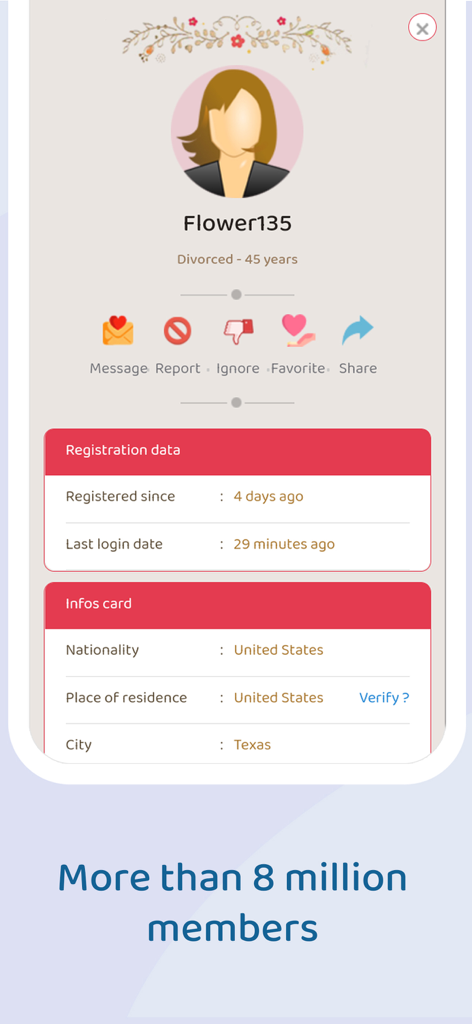 Mawada : Muslim Marriage - A member profile view in the Mawada Muslim Marriage app showing user registration data and location information