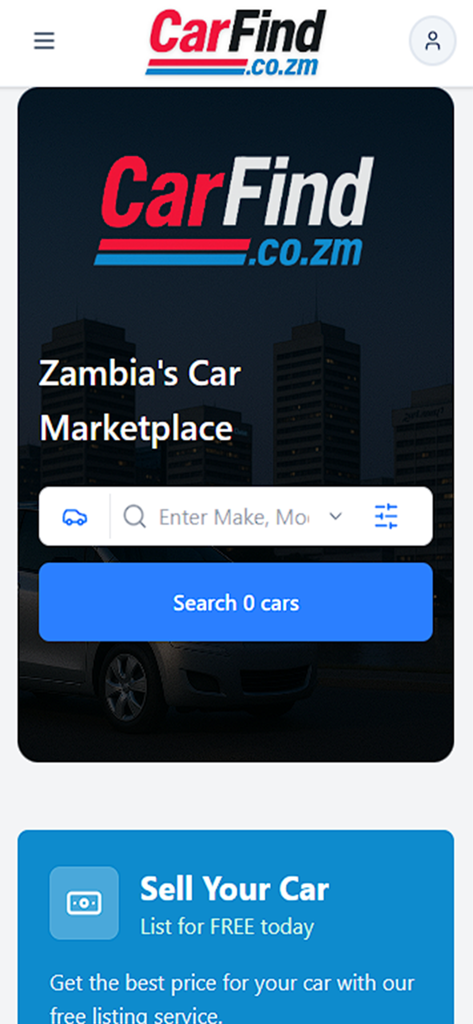 Homepage dell'app di mercato auto di fiducia dello Zambia CarFind.co.zm che mostra l'interfaccia di ricerca auto e l'opzione 'vendi la tua auto'.