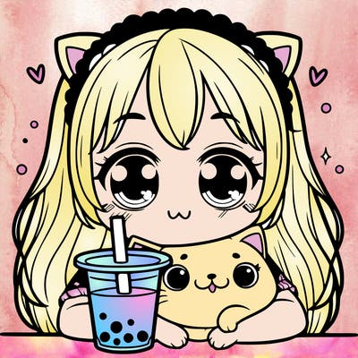 girl with a cat drinking boba