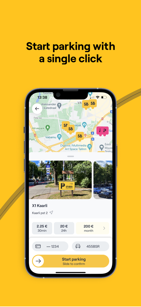 Snabb - park, wash, charge - Snabb app showing parking location map and start parking button