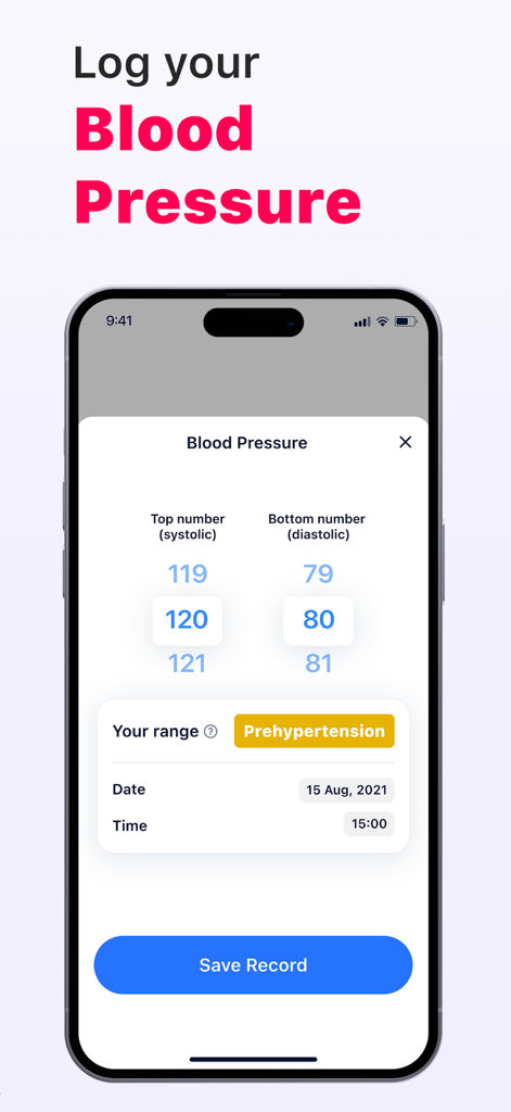 Cardi Mate app interface for manually logging systolic and diastolic blood pressure readings with a health status indicator.