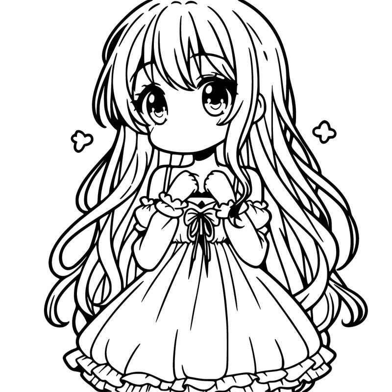 cute shy anime girl with long hair and pretty dress