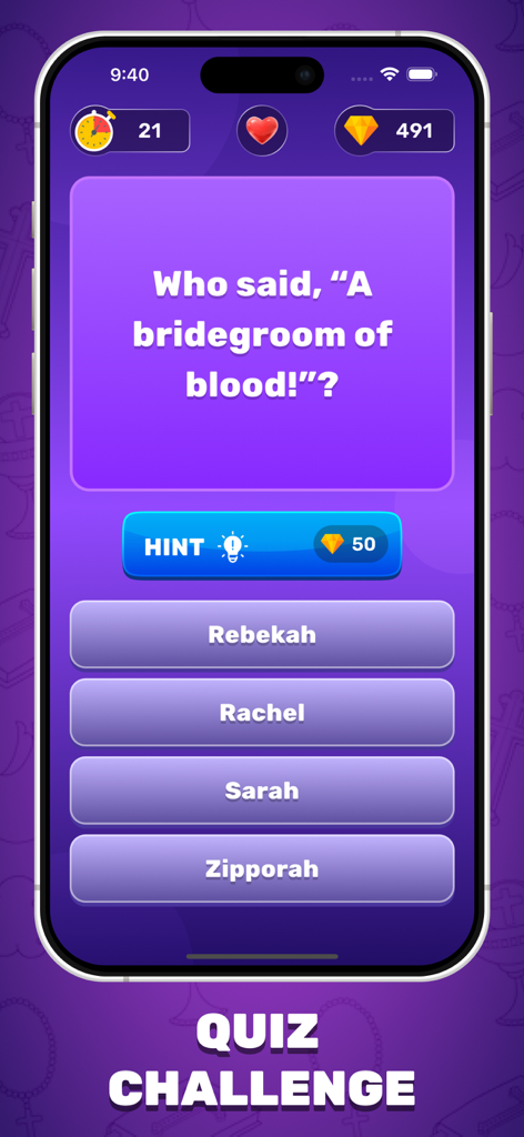 A Bible trivia game interface showing a question about Zipporah with multiple choice answers on a purple background.