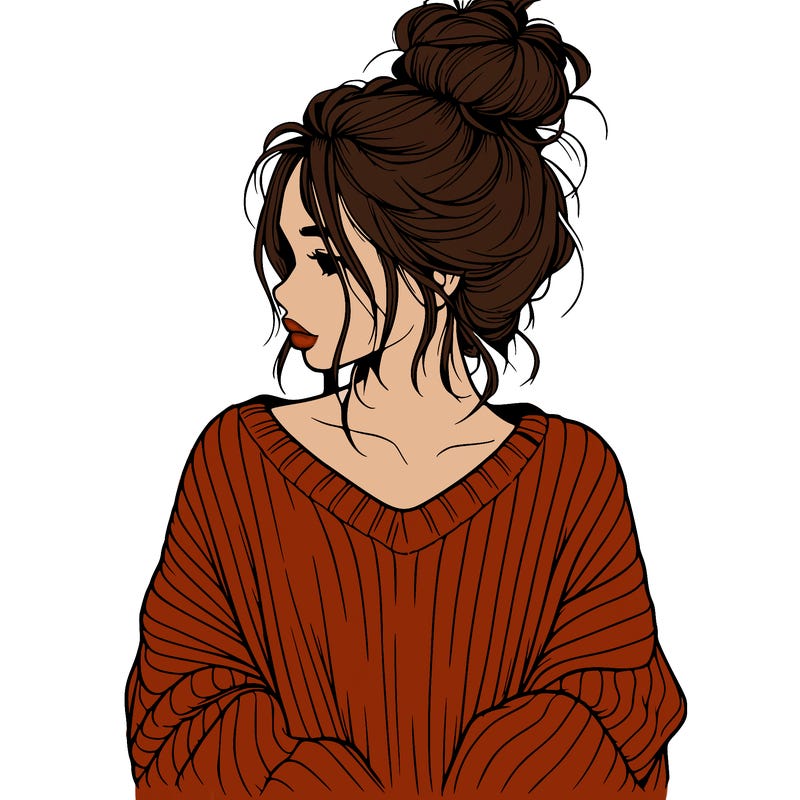 realistic girl wearing a messy bun and an oversized sweater