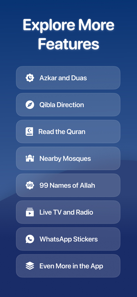 A list of features in the Athan Pro app including Azkar, Qibla direction, Quran, and nearby mosques.