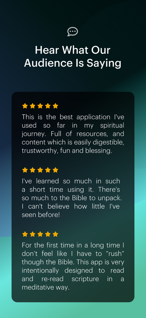 A screenshot showcasing positive five star user reviews and testimonials for the BibleProject app