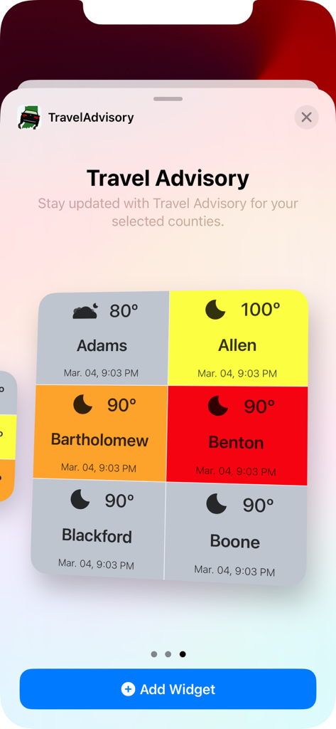 Travel Advisory - Screenshot of the Indiana Travel Advisory app widget configuration screen showing color-coded county alerts for weather and travel status.
