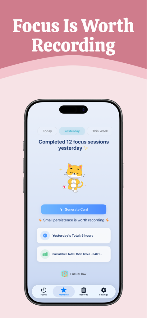 FocusFlow – Gentle - FocusFlow app Moments screen showing daily focus session statistics and a cute cat mascot
