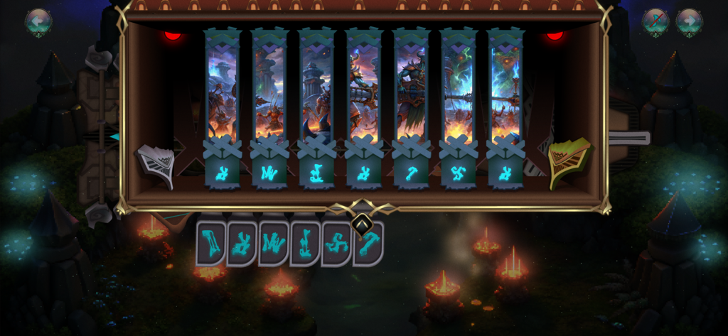 i Legendary Instruments - A wooden puzzle interface featuring glowing blue runes and vertical panels of fantasy artwork.