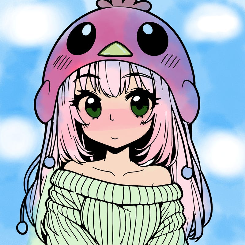 anime girl with chick shaped hat with sweater with bare shoulders with bangs covering them one eye with low tail