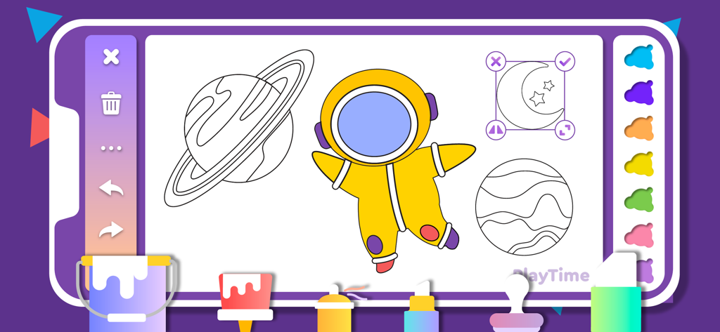 Happy Coloring Games: PlayTime - Digital drawing desk interface for kids featuring an astronaut and space theme coloring pages