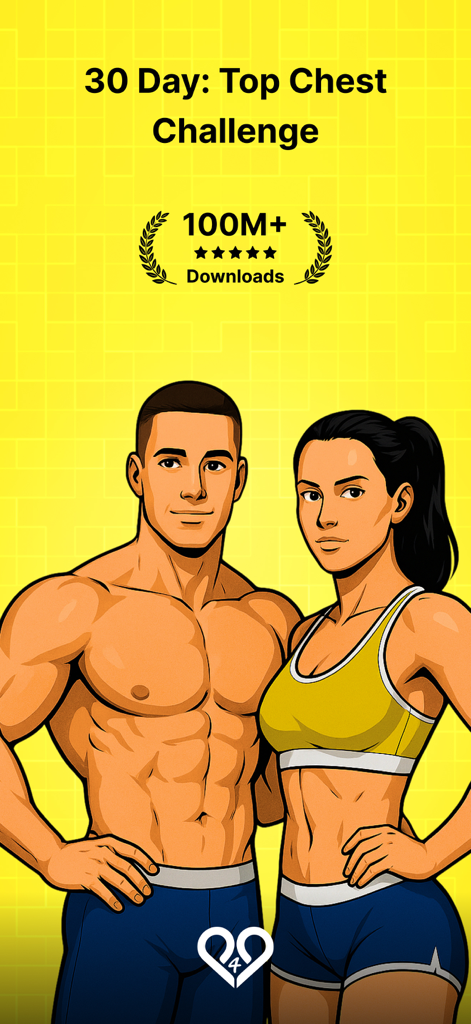 30 day Fitness Coach at home - App screen for the 30 Day Top Chest Challenge showing a fit man and woman