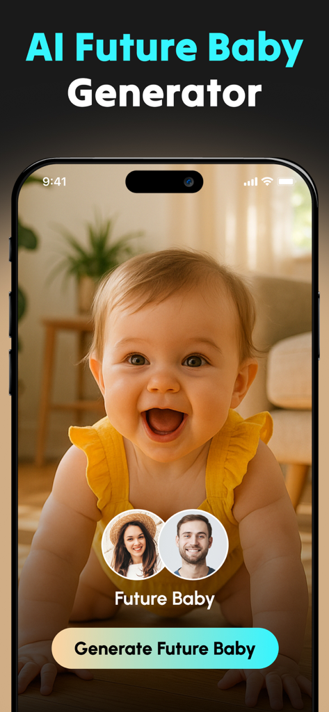 EVO AI mobile app interface showing the AI future baby generator feature with a generated baby photo.
