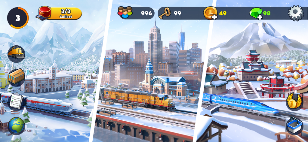 A split screen showing three different railway environments and trains in Train Station 2