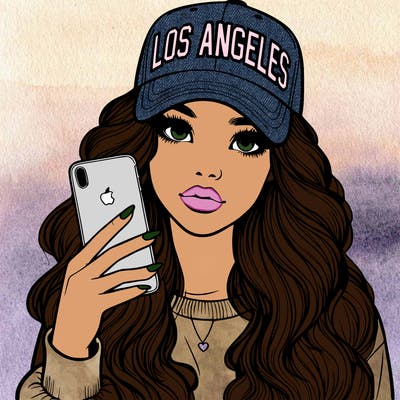 realistic beautiful girl wearing los ángeles cap holding an iphone