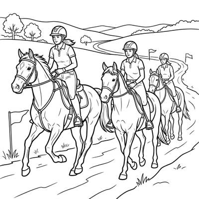 Embark on an exciting journey with this coloring page featuring three brave endurance riders and their horses. Designed specifically for kids, this illustration captures the thrill of a long-distance race through scenic landscapes.