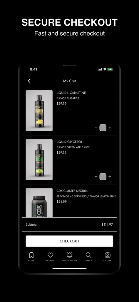 HOSSTILE app shopping cart showing supplement selection and secure checkout button