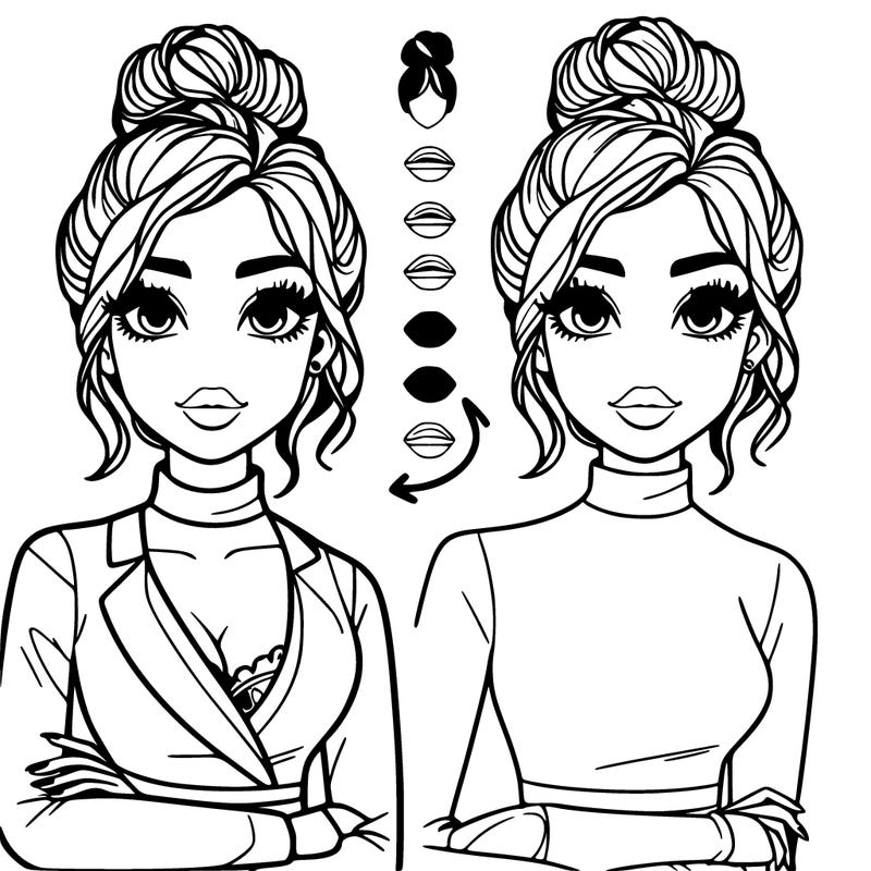 lana from dress to impress. messy bun, long sleeves shiry with turtle neck, hot, full face, adult, nail lady, half portrait only showing from head to waist