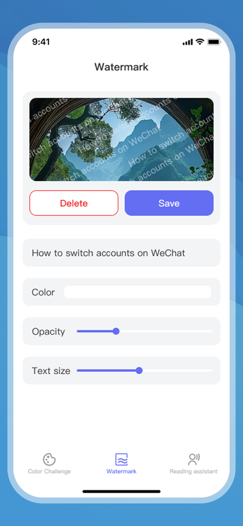 MomentKeeper-App-Oberfläche, die das Wasserzeichen-Tool mit Textanpassung, Opazitätsreglern und Bildvorschau zeigt.