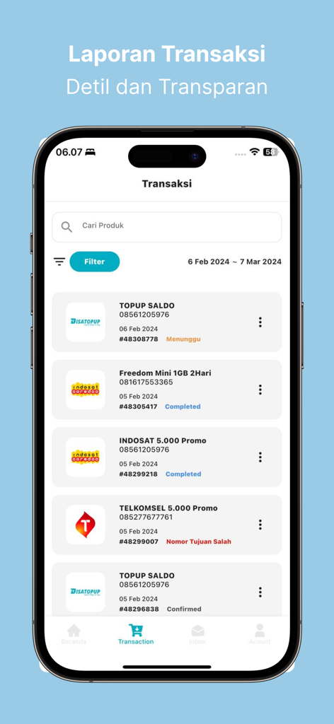 Bisatopup | Agen PPOB Termurah - A mobile screenshot of the Bisatopup app transaction history page displaying various top-ups and mobile data purchases.