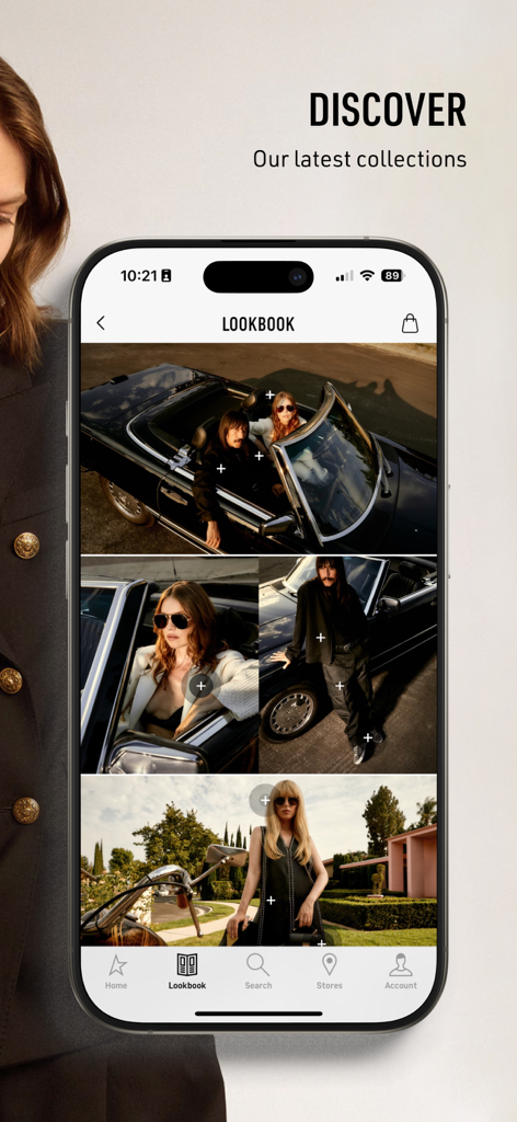 Golden Goose - モデルとヴィンテージカーが登場するラグジュアリーライフスタイルファッション写真が表示されたゴールデン グースアプリのルックブック画面