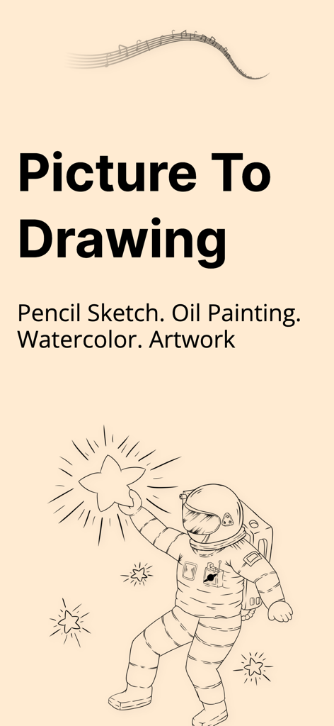宇宙飛行士の線画とスケッチフィルターオプションが表示された、写真から描画へのアートアプリのプロモーション画面
