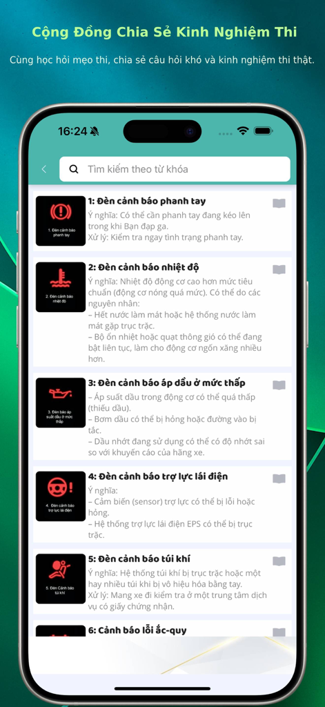 A list of car dashboard warning lights and their meanings in Vietnamese within the driving license exam preparation app.
