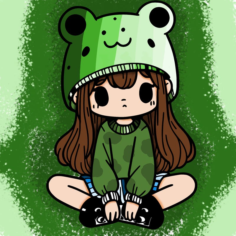 a girl wearing a frog hat and some frog socks