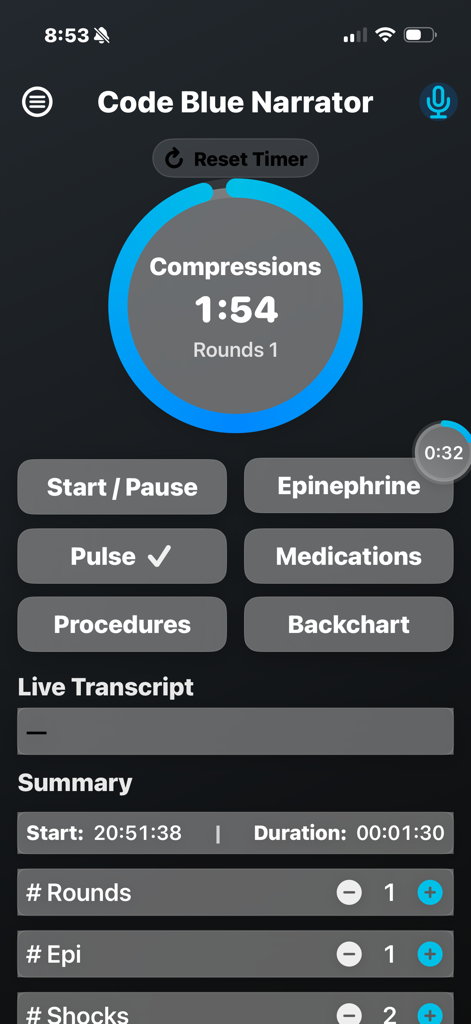 Code Blue Narrator app screen showing a CPR compression timer and emergency medical intervention buttons.