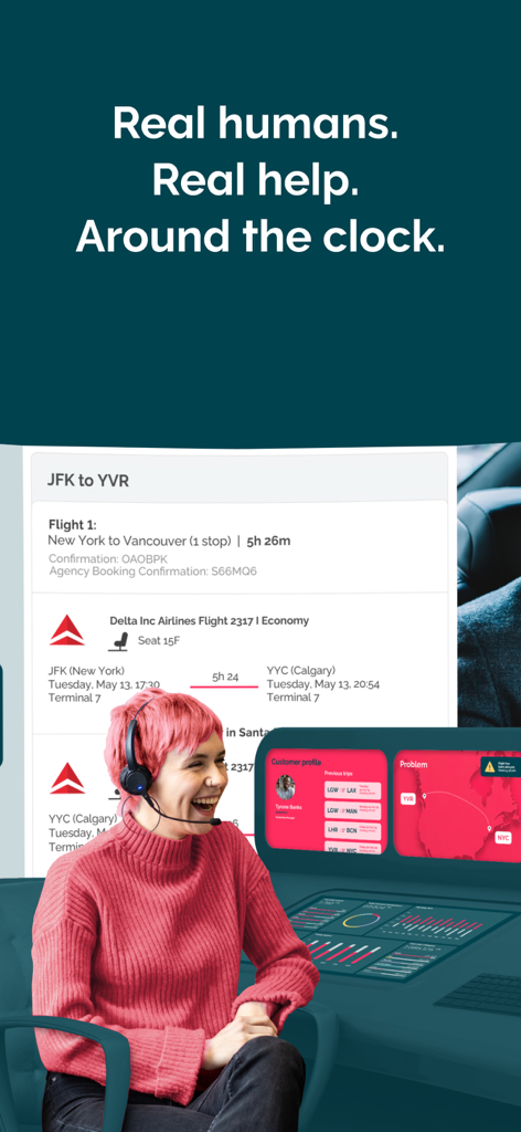 Melon - Business Travel - A customer support representative with a headset representing 24/7 real human assistance for Melon business travel users