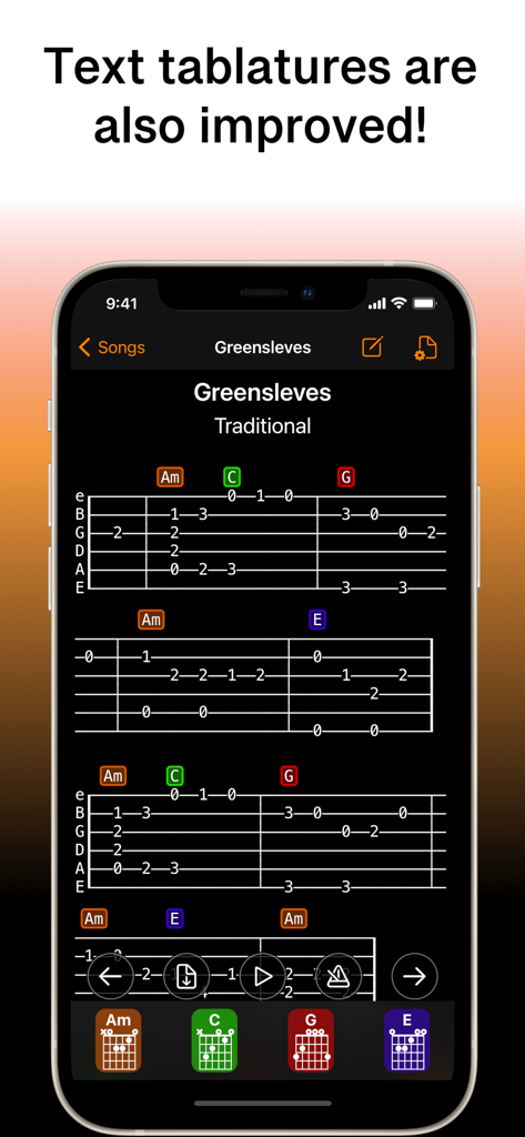 Pantalla de la aplicación SongFolio que muestra tablaturas de guitarra de texto mejoradas y diagramas de acordes para la canción Greensleeves