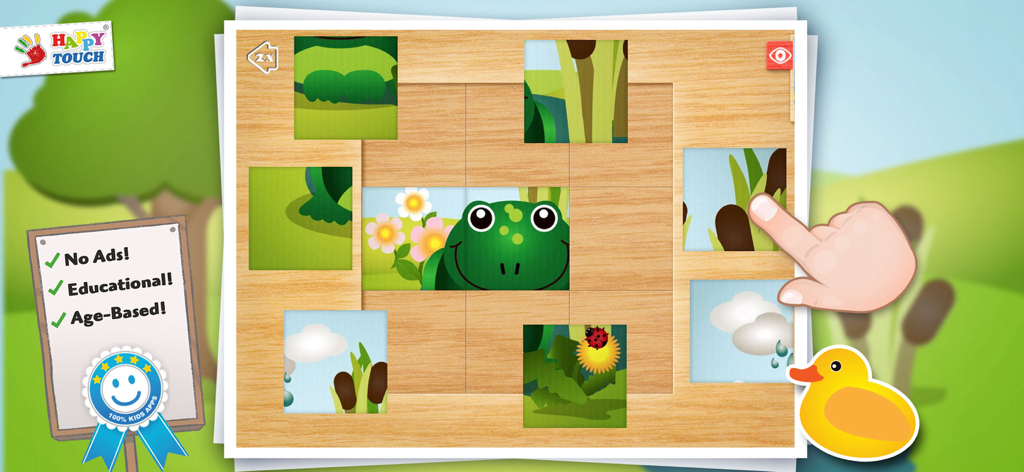 Toddler educational puzzle game featuring a frog illustration on a wooden board design.