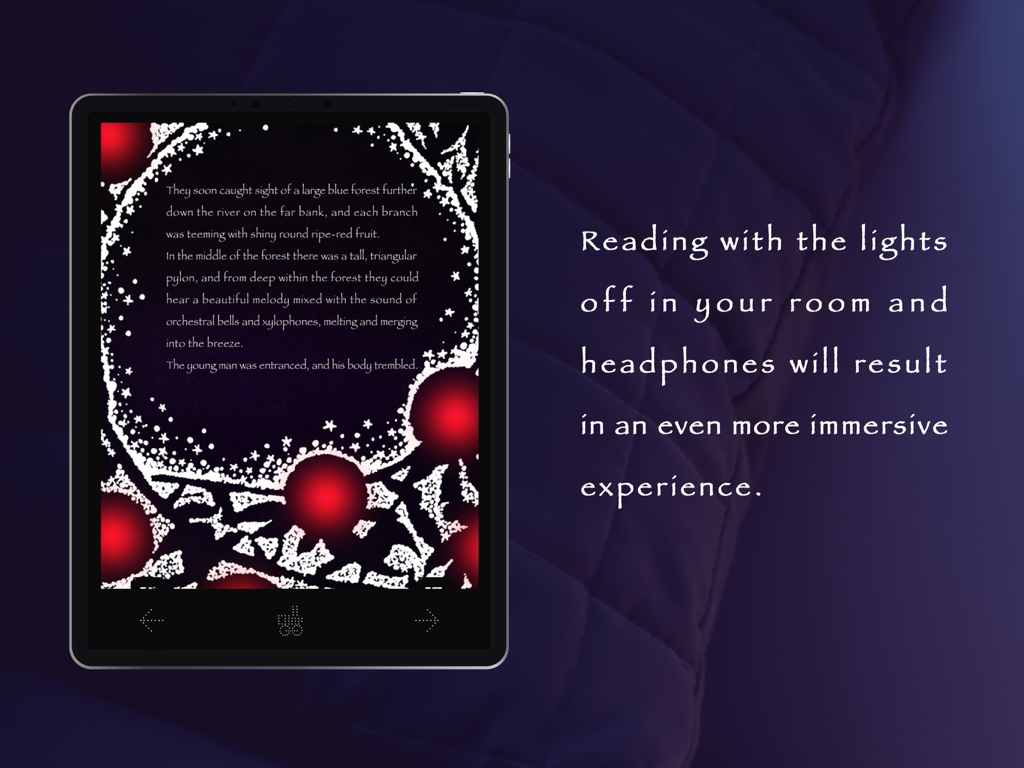 Night on the Galactic Railway - iPad displaying a page from the Night on the Galactic Railway sound novel with text describing an immersive nighttime reading experience.