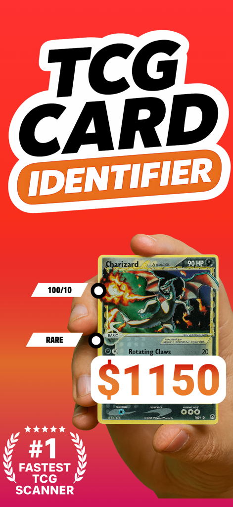 Eyevo TCG ‒ Card Scanner - A hand holding a Charizard card with an app overlay showing its rarity and market price
